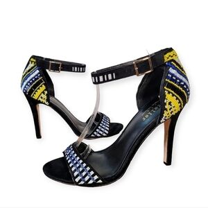 Nicole Miller Beaded Heels Multi Color Seed Bead Black Leather Stiletto Size 7.5